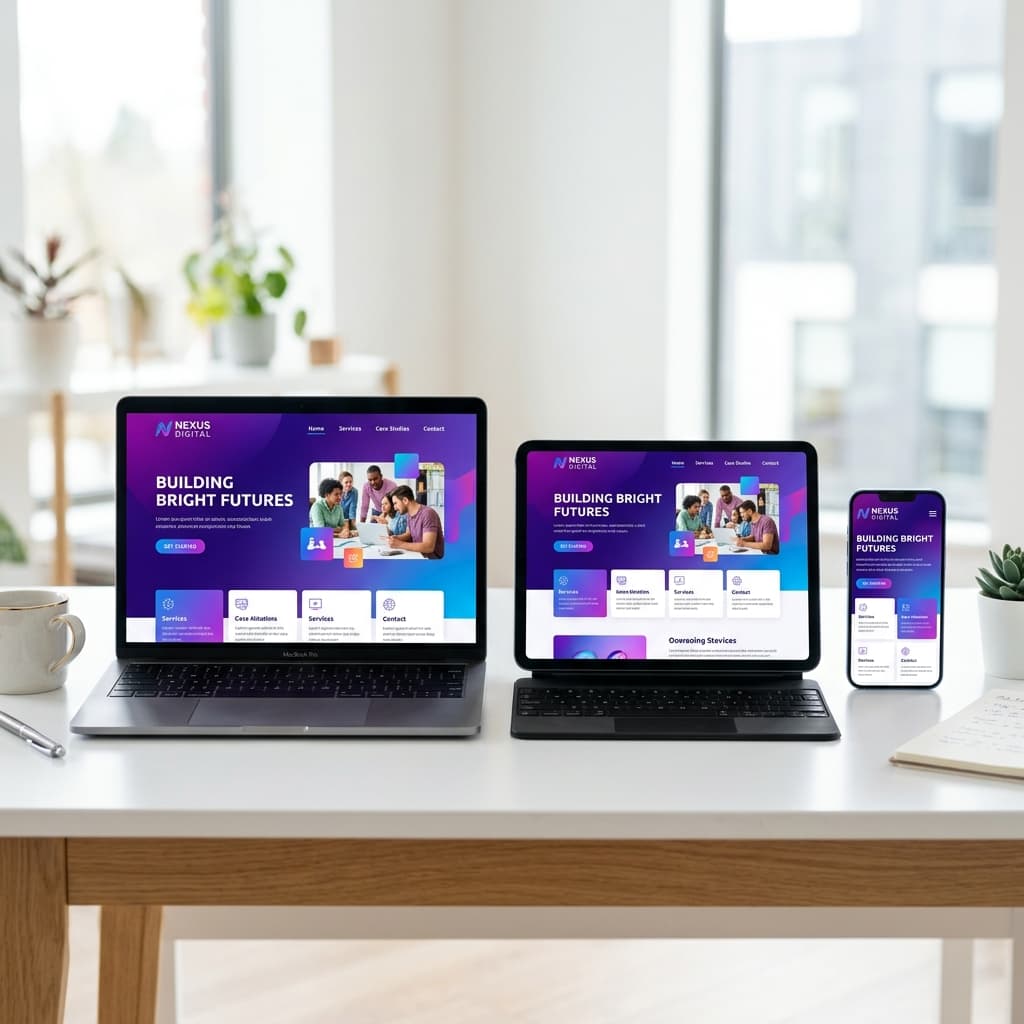 Laptop, tablet, and phone on a desk — responsive design across every device